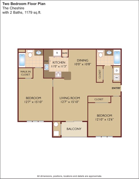 Floor plan for 2 beds, 2 baths, 1180 sqft